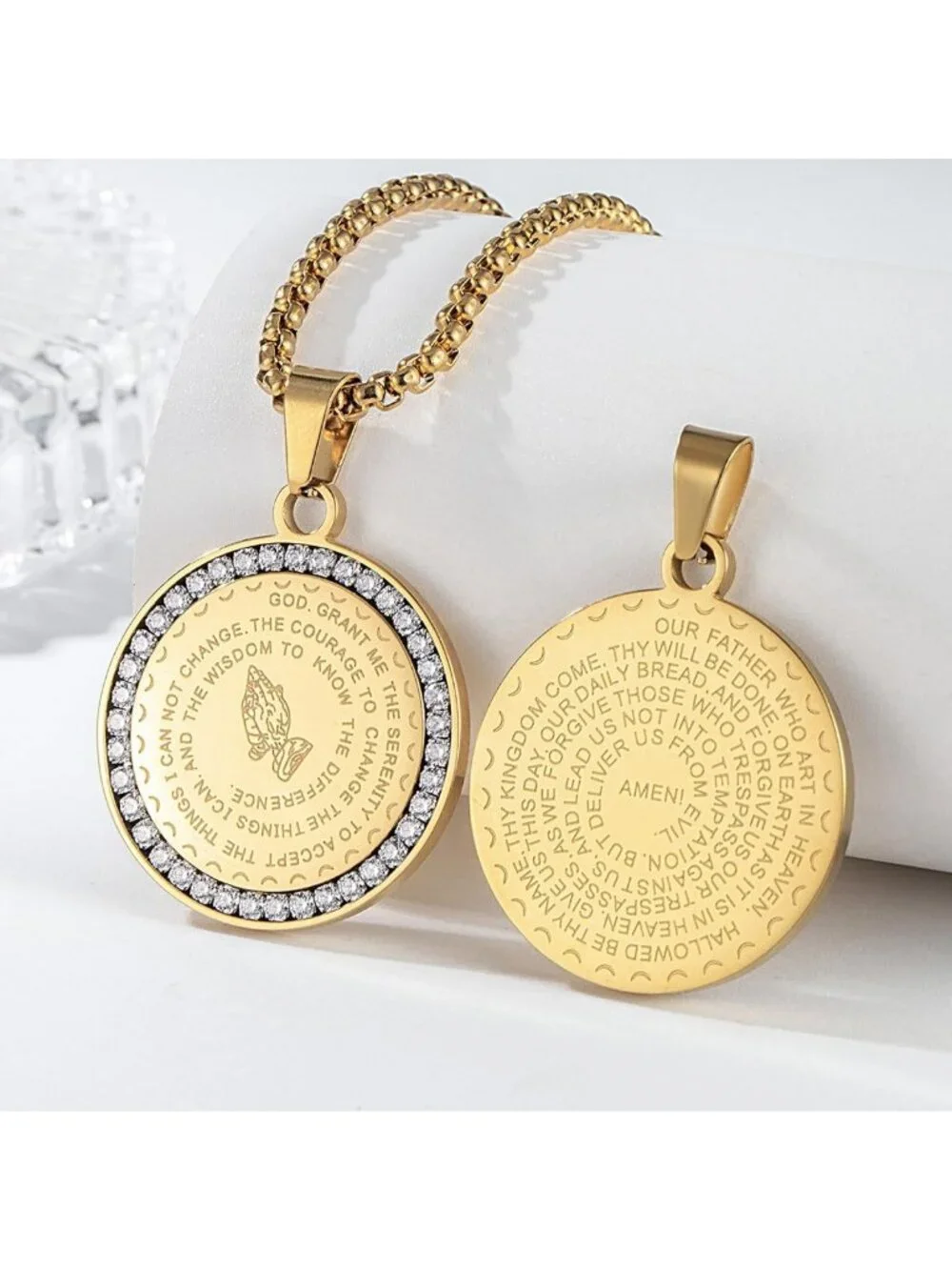 Stainless Steel Serenity Prayer Necklace with Praying Hands Coin Pendant for All